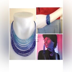 Vintage blue bugle beads necklace bracelet earrings jewelry set